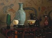 Hubert Vos, Asian Still Life with Blue Vase, oil painting by Hubert Vos